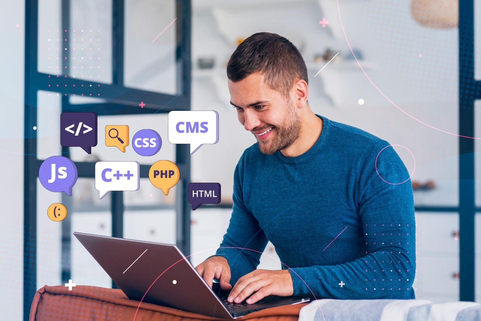 A focused web developer coding on a laptop in a modern office setting.